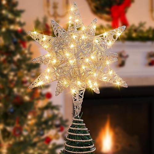 Estrella plateada para árbol de Navidad con 60 luces LED blancas cálidas, estrella para árbol de Navidad y decoración de temporada de Navidad, 13.8