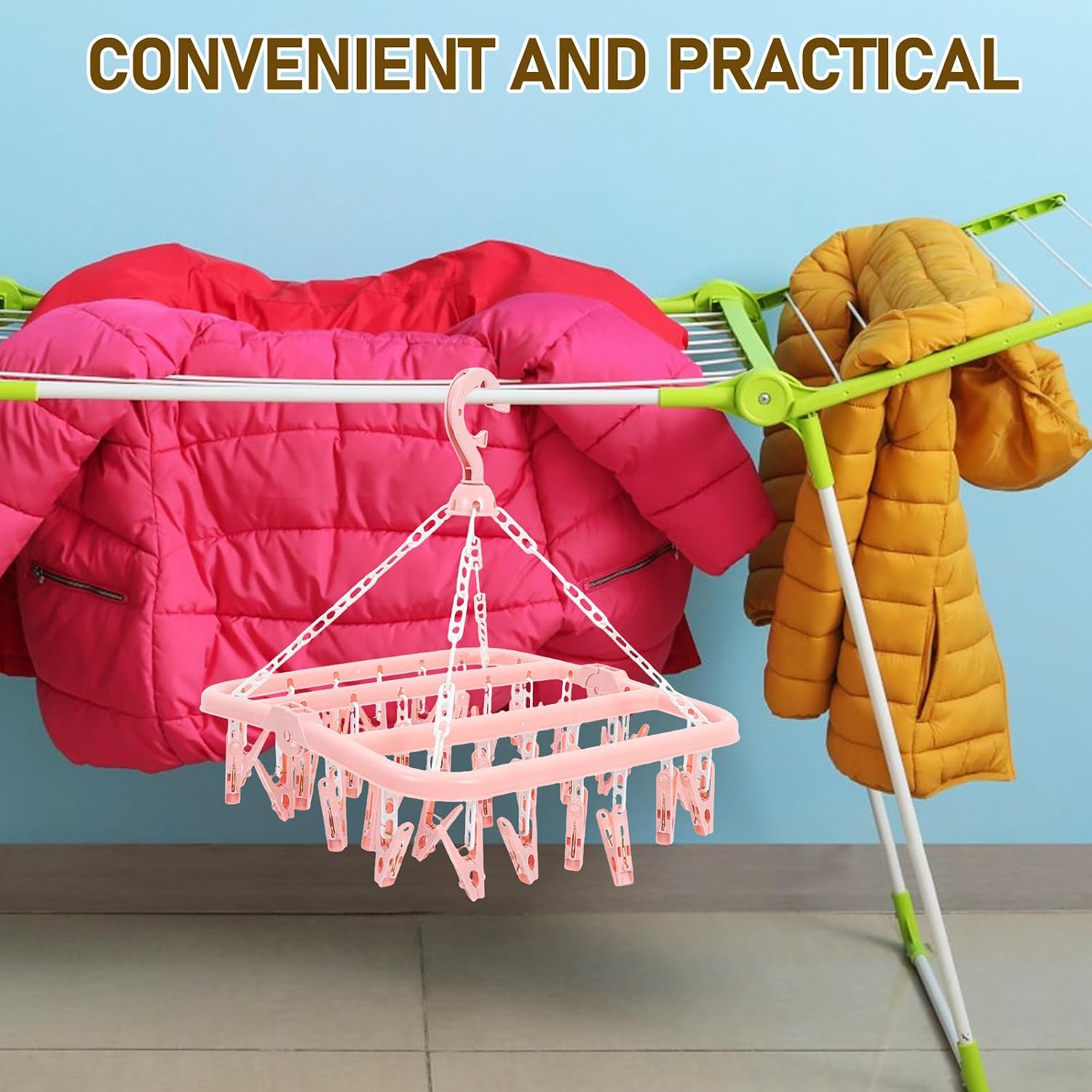 2pcs 32-Clip Clothes Drying Hanger with Clips, Foldable Sock Drying Rack for Laundry, 360° Rotating Hook Space-Saving Hanger for Home and Bathroom Use