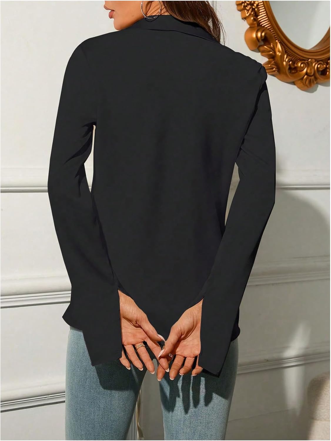 SHENHE Women's Deep V Neck Long Sleeve Open Front Tie Up Collared Sexy Blouse Shirt Top - Image 2