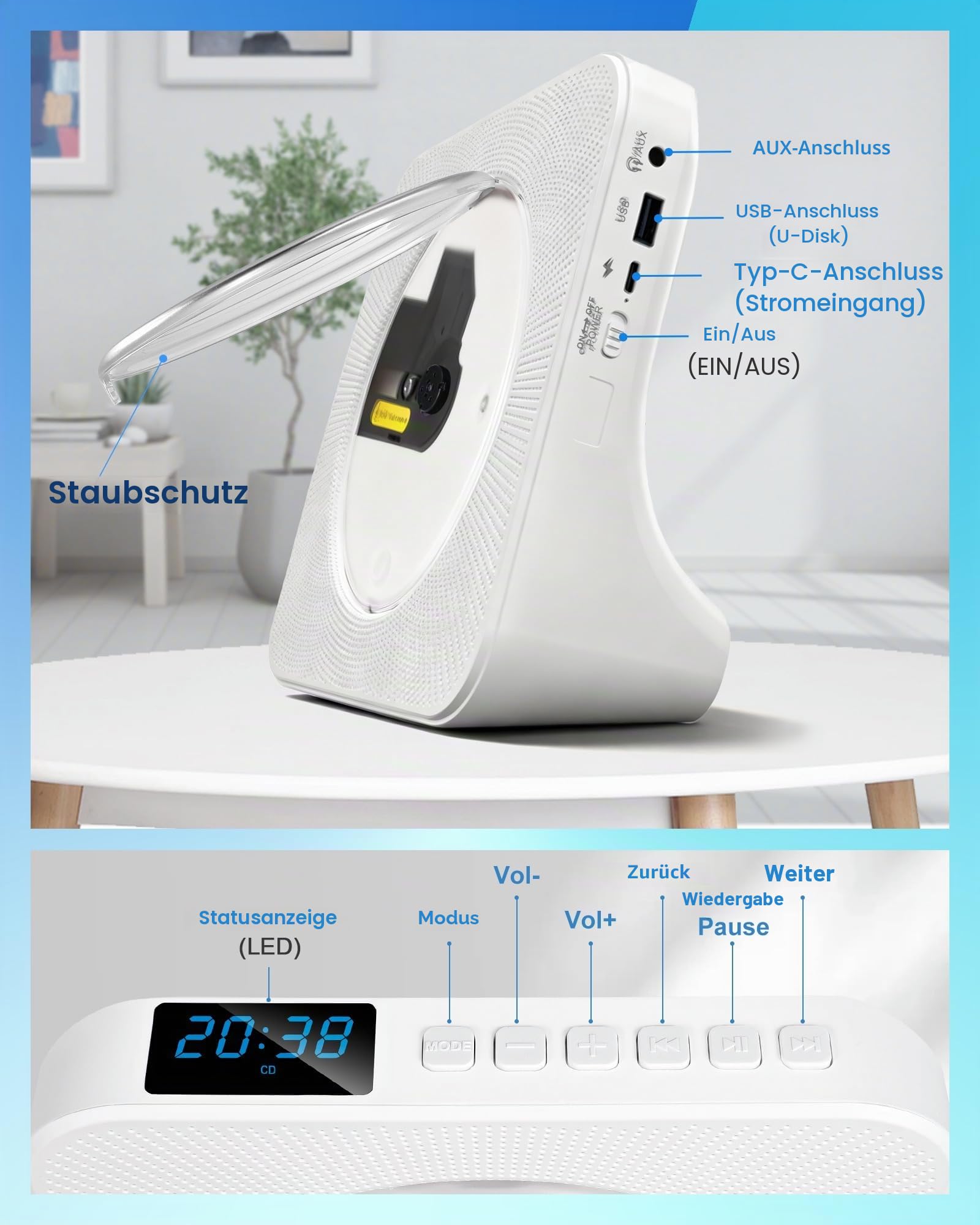 Tragbarer Aufladbarer CD-Player, Stereo-CD-Player mit Bluetooth, AUX, FM-Radio, USB, Desktop-CDs-Players mit Fernbedienung