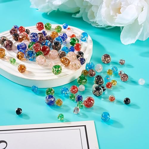 Miniatura 7 de Craftdady 96 cuentas de cristal redondas con arena dorada, 24 estilos hechos a mano que brillan en la oscuridad, cuentas espaciadoras sueltas de