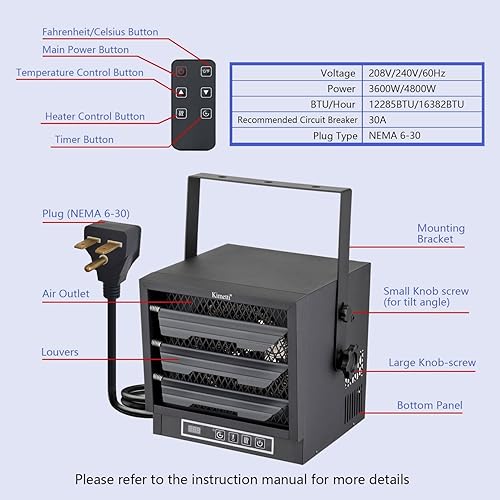 Miniatura 3 de INNOVATIVE LIFE Calentador eléctrico de garaje de 4800 vatios de 240 V con termostato y temporizador, calentador eficiente forzado por ventilador