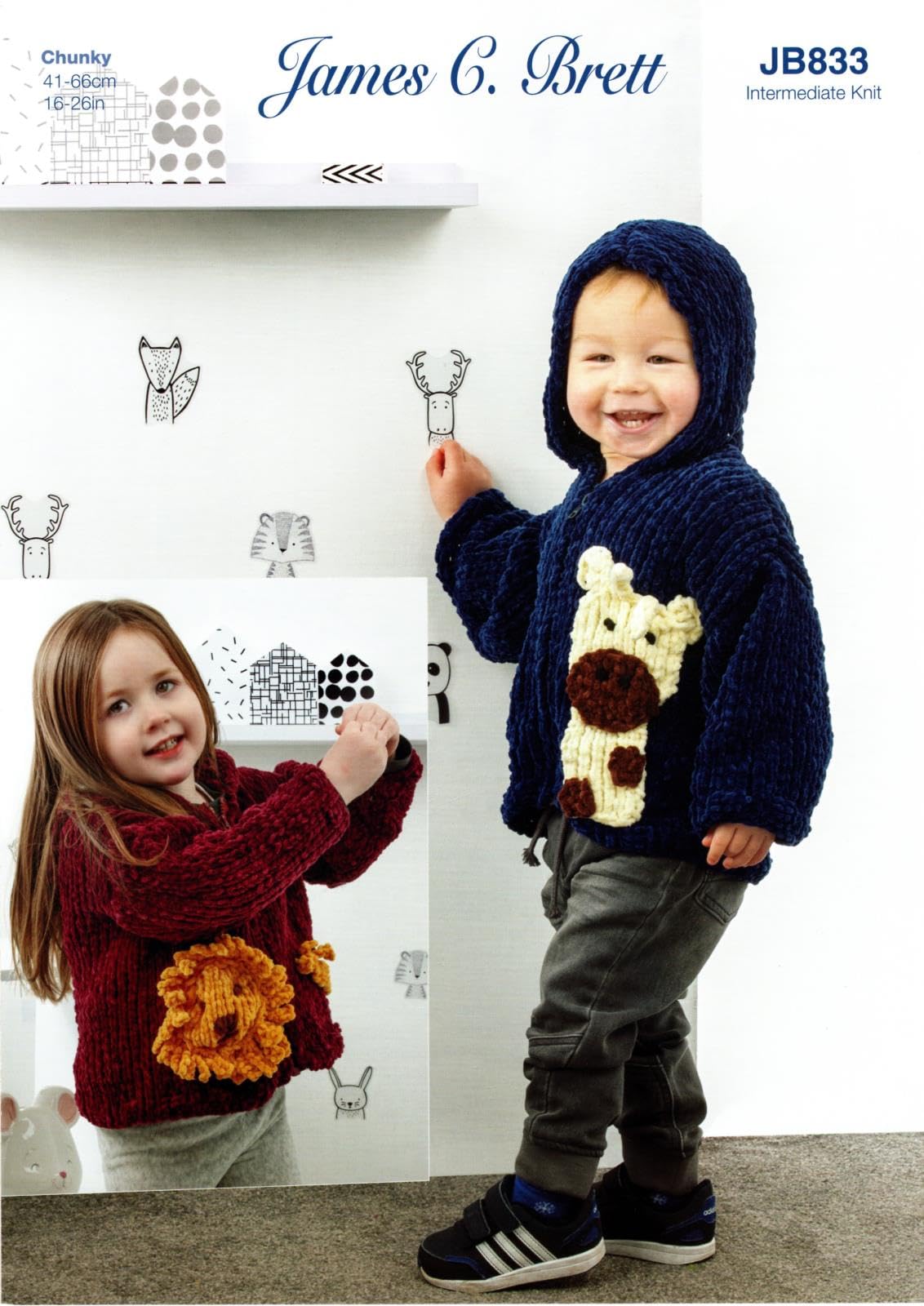 Knitting Pattern Girls Boys Lion Giraffe Zip Up Hoodie James Brett Chunky JB833