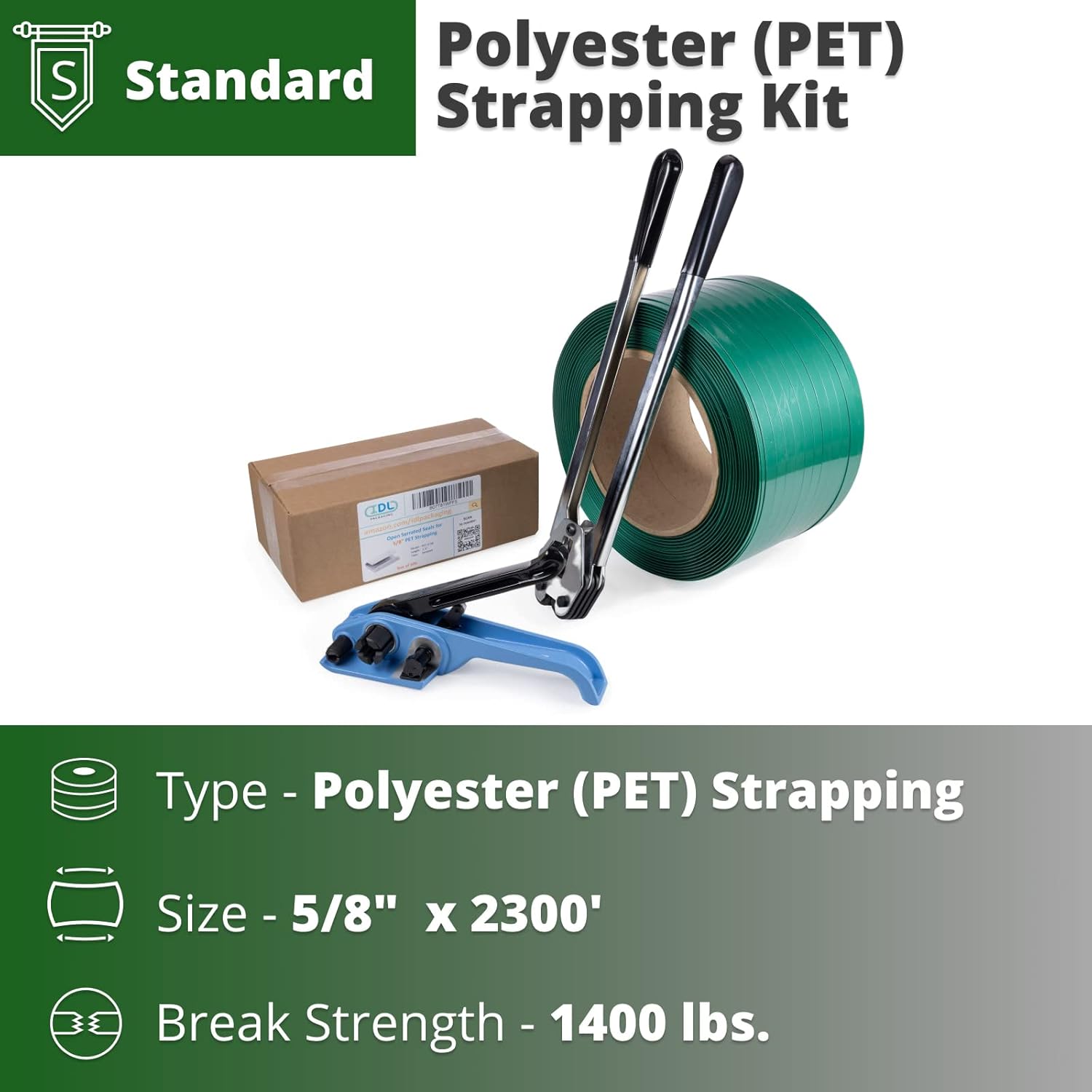 IDL Packaging Standard 5/8" x 2300' Polyester (PET) Strapping Kit, 1400 lbs Break Strength - Complete Packaging Strapping Solution - Enough Strapping and Seals for 500 Uses Before Refill
