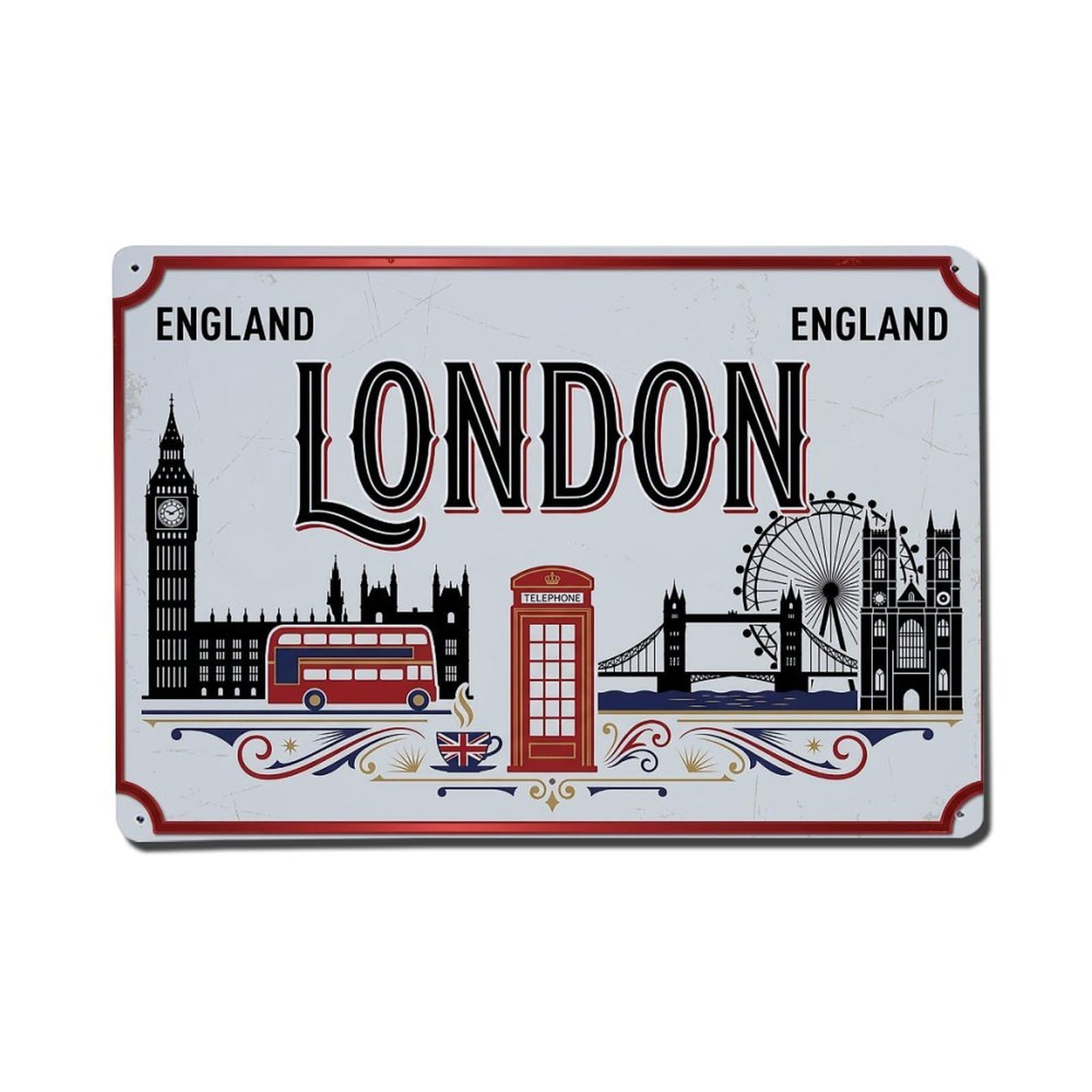 Vintage Travel London England Big Ben Telephone Metal Tin Sign Plaque Wall Decor for Cafe, Club Bar, Office, Garden Metal Poster 8x12Inch
