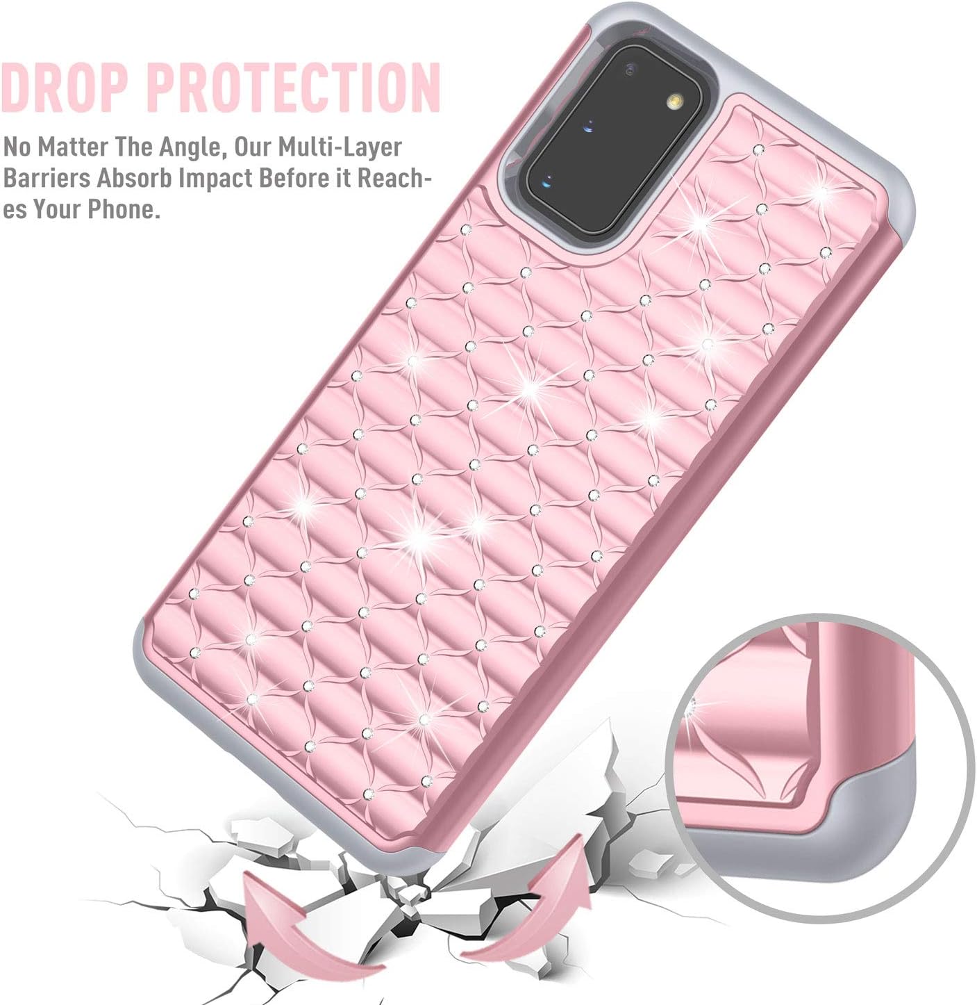 TILL for Galaxy S20 Case, S20 5G Phone Case for Girl Women, Studded Rhinestone Crystal Bling Diamond Sparkly Luxury Shock Absorbing Hybrid Defender Rugged Slim Glitter Case Cover [Rose Gold]