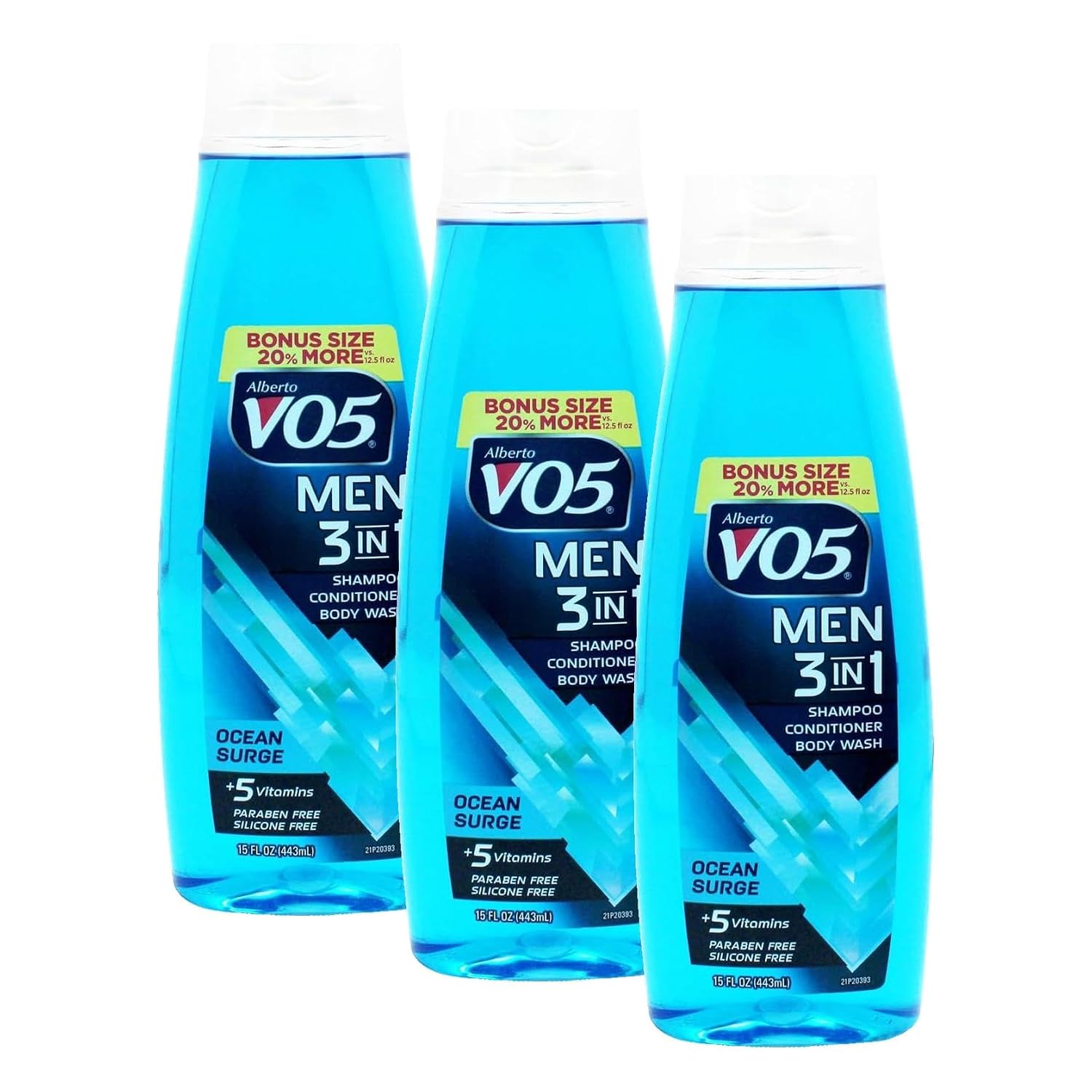 VO5 Alberto Men 3 in 1 Fresh Ocean Surge - 3 in 1 Shampoo Conditioner and Body Wash - With 5 Oils and 5 Vitamins - Energizing Ocean Scent - 15 oz (Pack of 3)