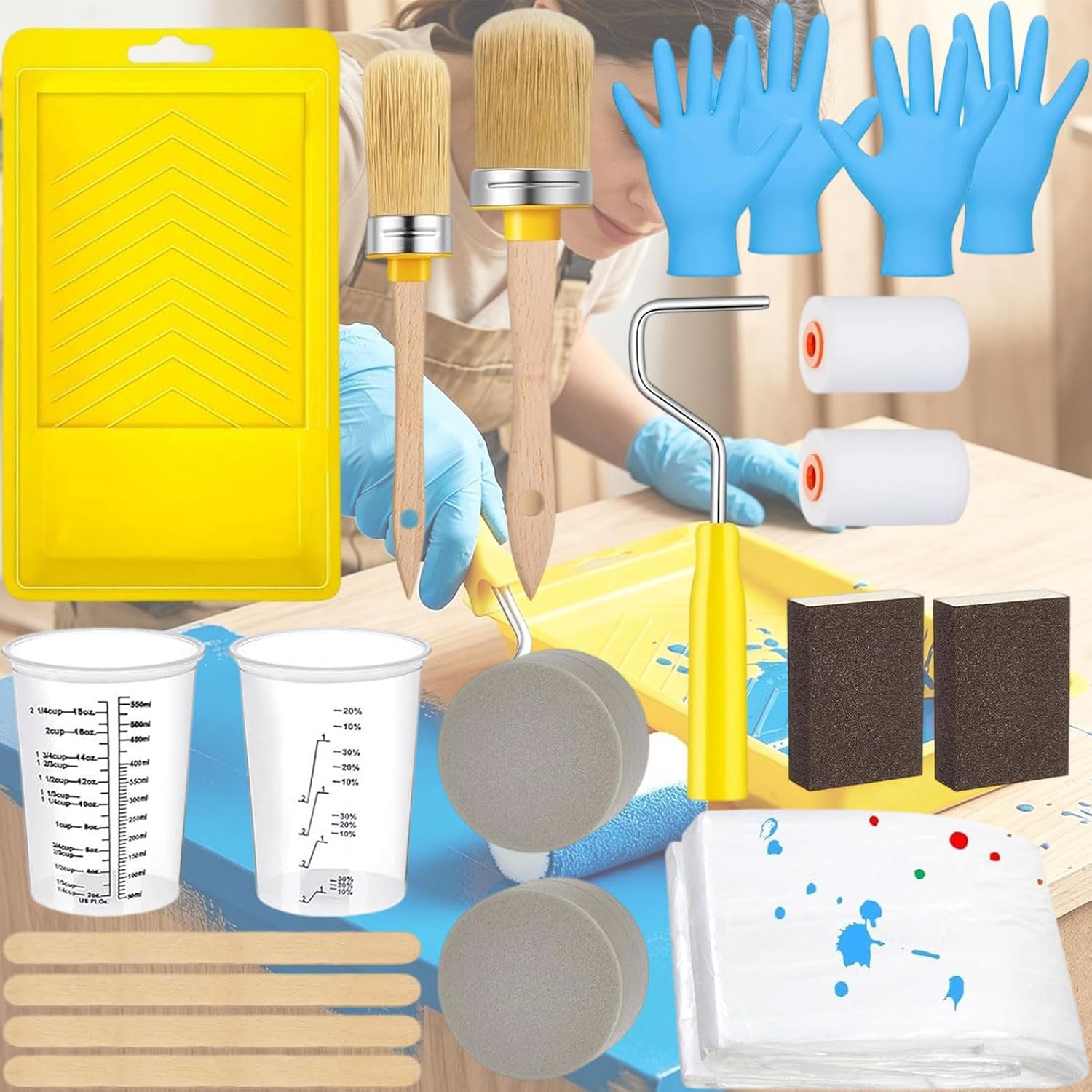 Multipurpose Paint Application Set Includes 21pieces Brushes Rollers Trays and Protective Gear for Diyers Paint Stir Sticks