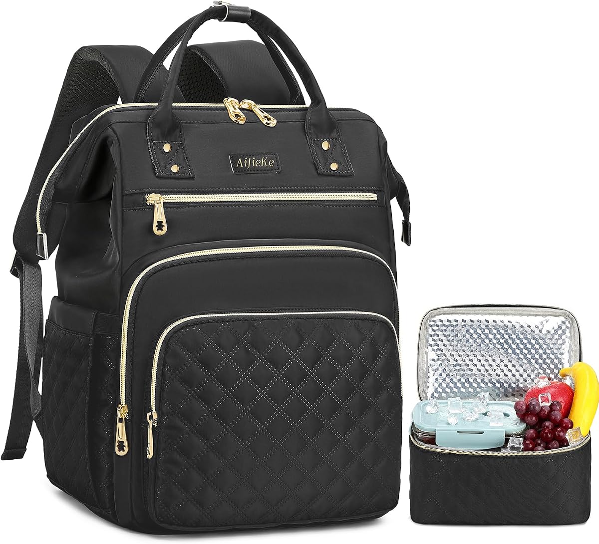 AIJIEKE Lunch Backpack for Women, 15.6 Laptop Backpack, Lunch Box, Black | Water resistant computer bag with insulated leakproof cooler. Travel meal prep backpack for nurse, teacher, college commute