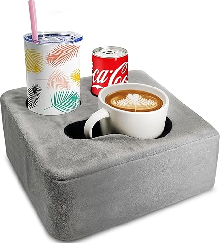 Nisdoing Couch Cup Holder Pillow Tray & Caddy - for Sofa, Bed, Car, Man Cave | Keep Drinks at Hand & Spill-Proof Accessories for New Parents, Camping, Park, Boat, Beach, Bathroom Cup Holder, Gray