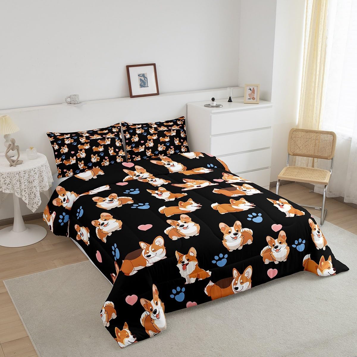 Feelyou Corgi Comforter Set Cute Dog Pattern Bedding Set for Kids Boys Girls Cartoon Corgi Duvet Set Kawaii Animal Thmeme Comforter 1 Comforter Set with 2 Pillowcases Queen Size