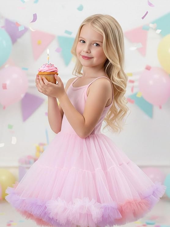 utu.kk Toddler Girls Tutu Dress Layered Tulle Rainbow Gradient Spaghetti Strap Princess Birthday Party Dresses