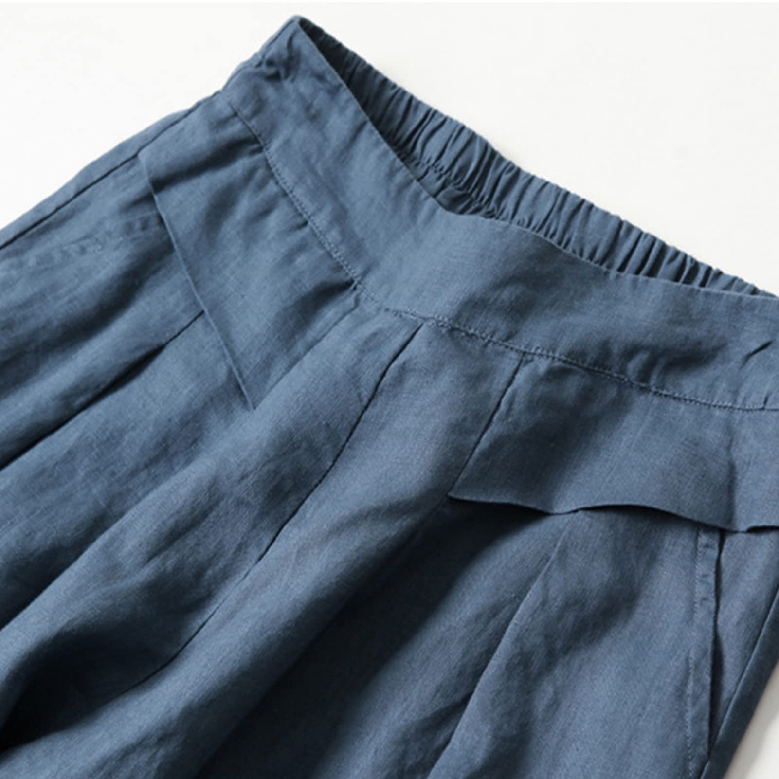 FEOYA Damen Elastische Taille Leinen Hose 9/10 Weite Bein Hose Atmungsaktive Sommer Loose Freizeithose mit Taschen