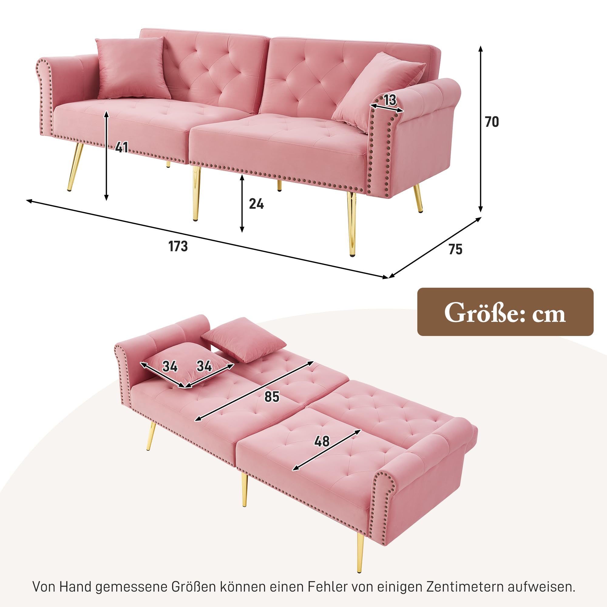 Azkoeesy Divano letto moderno a 2 posti in velluto 173 cm con gambe in metallo dorato e rivetti, 2 cuscini, schienale regolabile a 3 posizioni, per soggiorno e ufficio (rosa)
