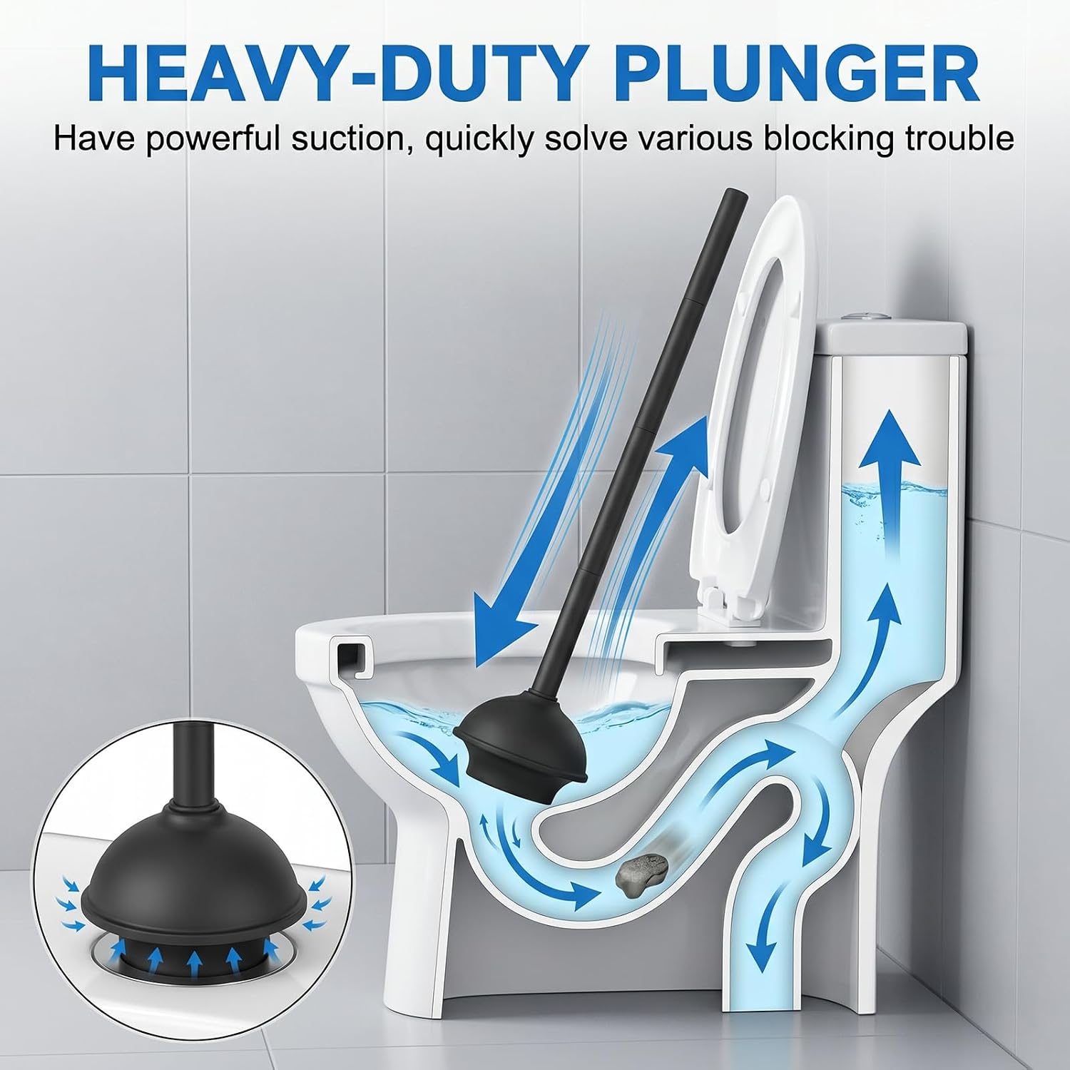 Toilet Plunger and Bowl Brush with Holder, Heavy Duty Toilet Brush and Plunger Set for Bathroom Cleaning, 1 Set (Black)