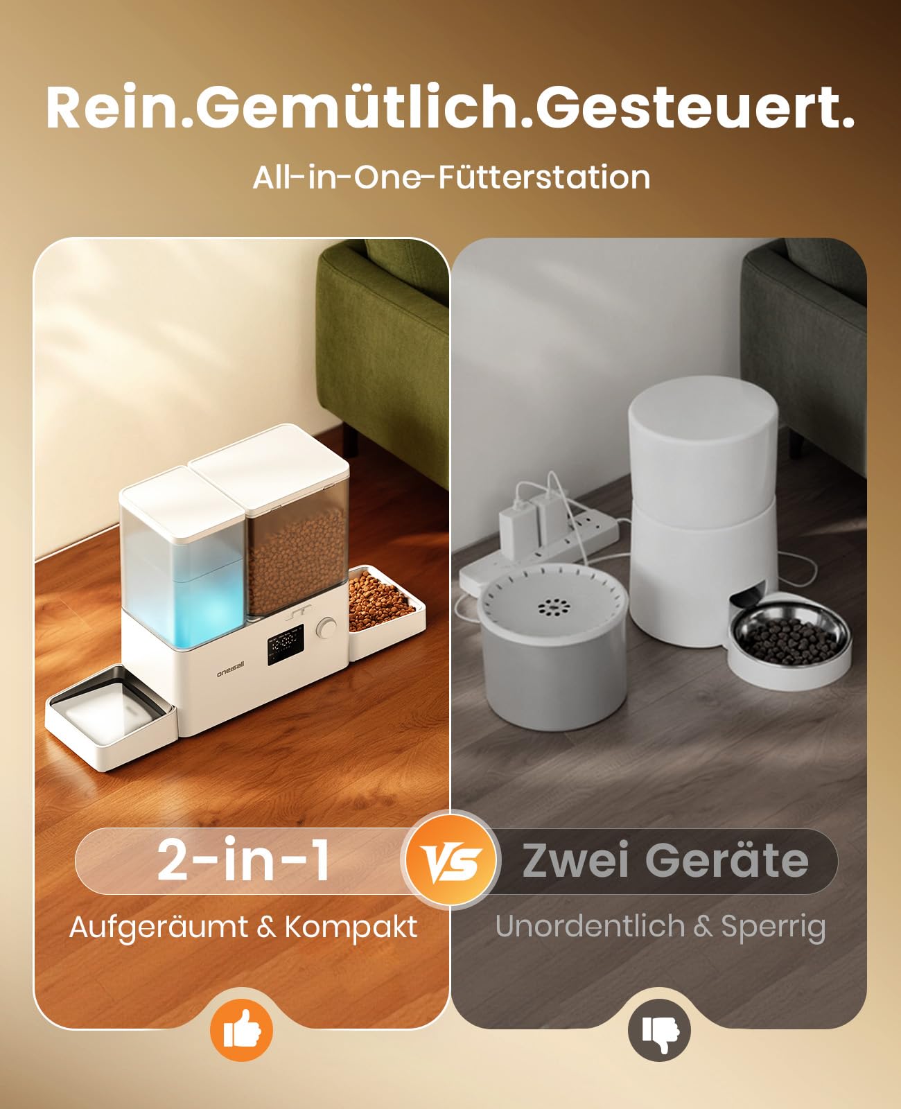 oneisall Futterautomat Katze und Trinkbrunnen 2-in-1, 8,5L/1-36 Portionen, 5L Futterspender mit 3,5L Katzenbrunnen, 2 Edelstahlschalen, Einfache Installation und Reinigung, für Katzen, BPA-frei