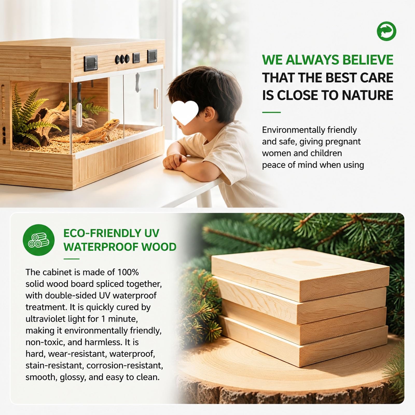 Vivario para reptiles de madera maciza con doble termostato inteligente, recinto de 3 cristales HD con zonas de calefacción independientes, terrario ventilado para pogona, tortuga y lagartija(Small)