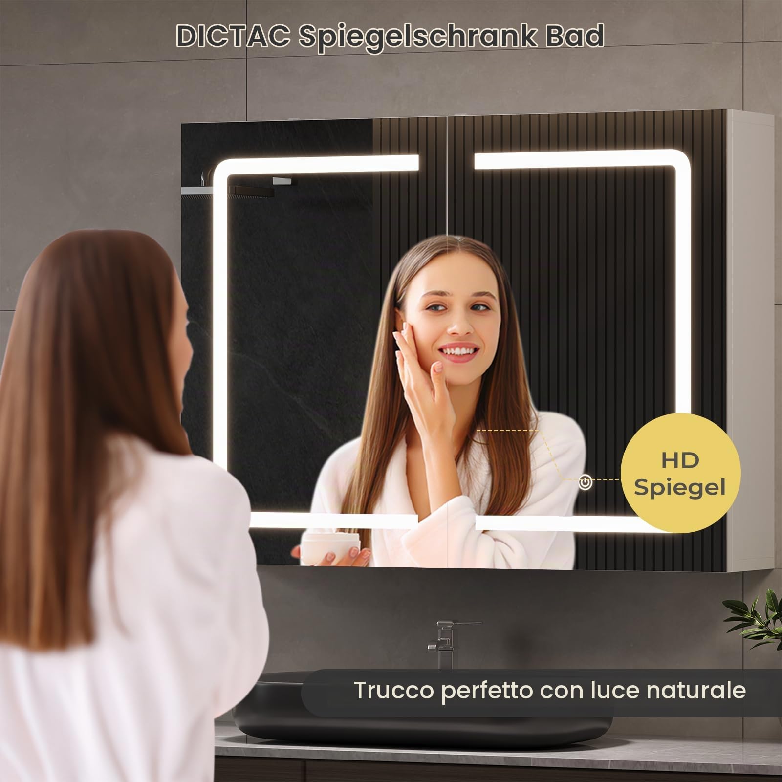 DICTAC Specchio Contenitore Bagno con Luce Led e Presa Elettrica 70x16x60cm Armadietto Specchio bagno Sospeso con Luce e 2 Ante,Mobile Bagno sospeso con specchio e Mensola Regolabile,Bianco