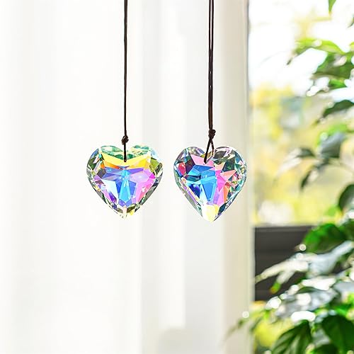 H&D HYALINE & DORA 2 prismas colgantes de 1.969 in con forma de corazón de cristal para ventanas, color AB en forma de corazón, arco iris, lámpara