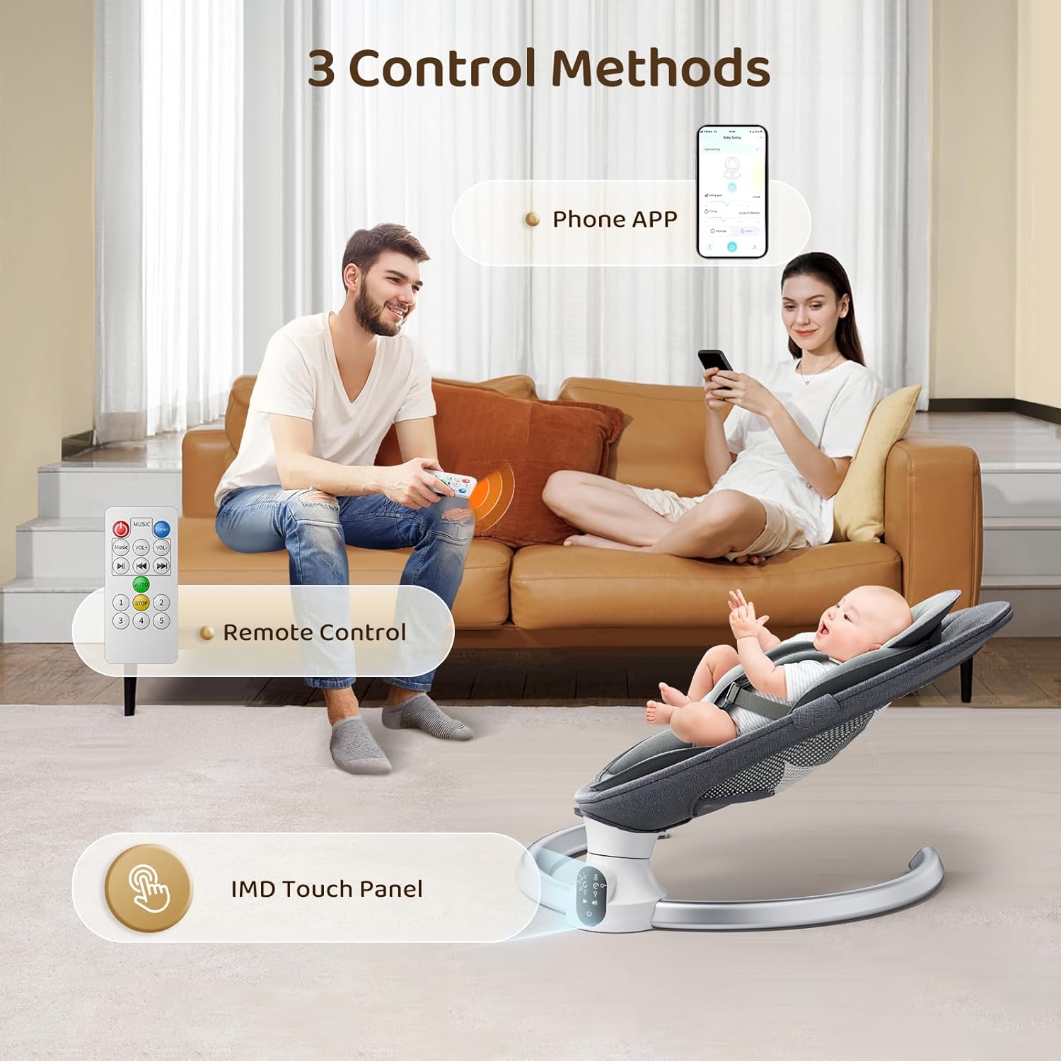 Fdlscpem Electric Baby Swing for Infant, Upgraded 5 Point Harness Baby Bouncer Chair with 5 Swing Speeds 3 Timers and 10 Music, APP/Remote/IMD Panel Control Newborn Toddler... - Image 3