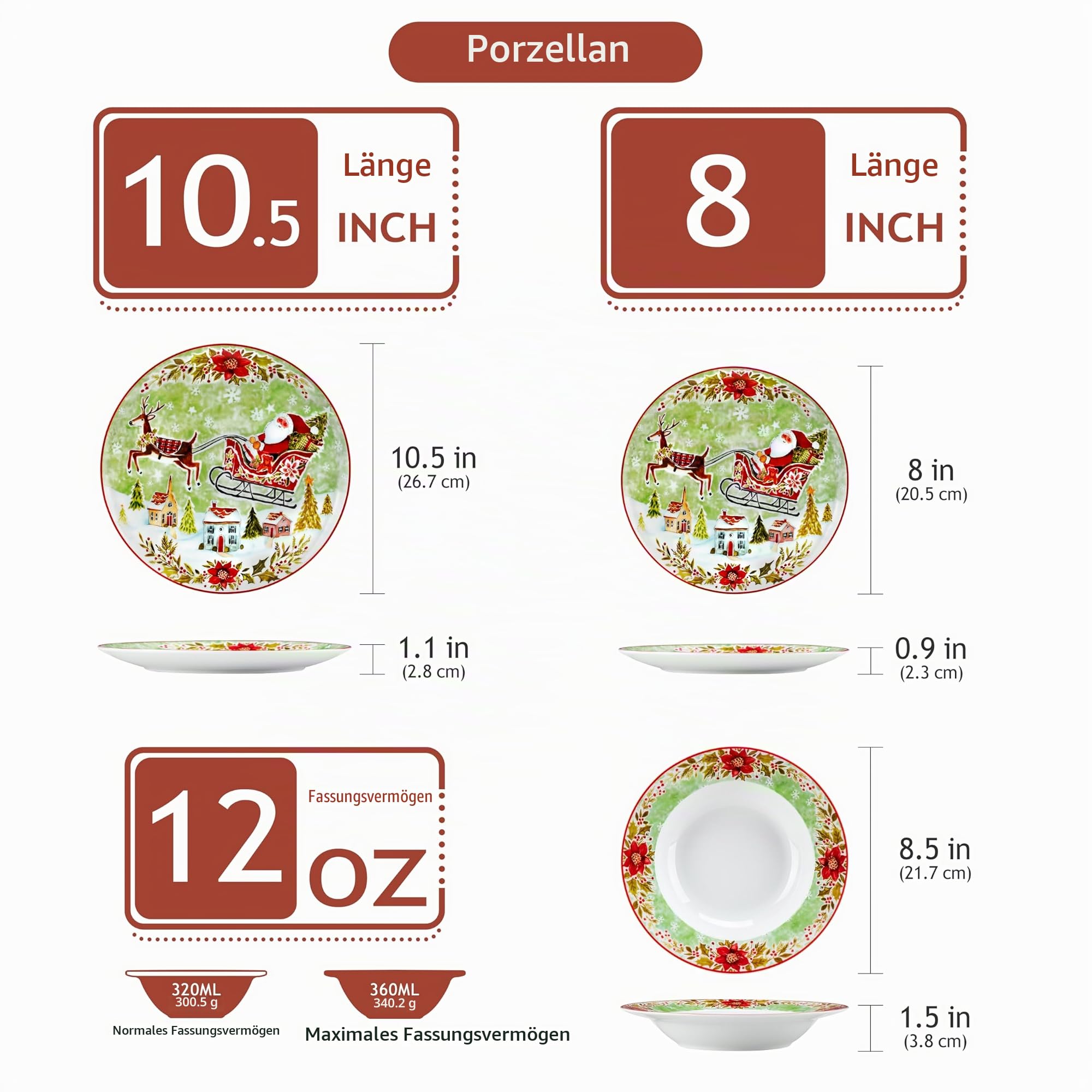 VEWEET, Serie XMAS, 18-teiliges Porzellan Weihnachtsgeschirr Set für 6 Personen – Teller Set aus 6 Speiseteller, 6 Dessertteller, 6 Suppenteller, Weihnachtsgeschirr mit Weihnachtsmann und Rentiere