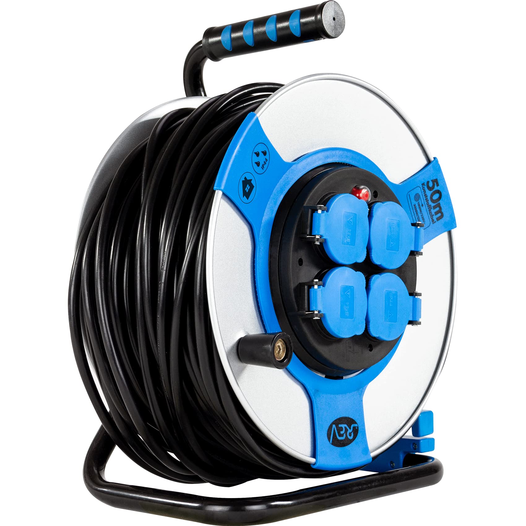 REV Enrouleur de câble EX, 50 m, H05VV, IP44, 3000 W, avec Contact abrasif, extérieur, 4 Prises de Contact de Protection, Bleu