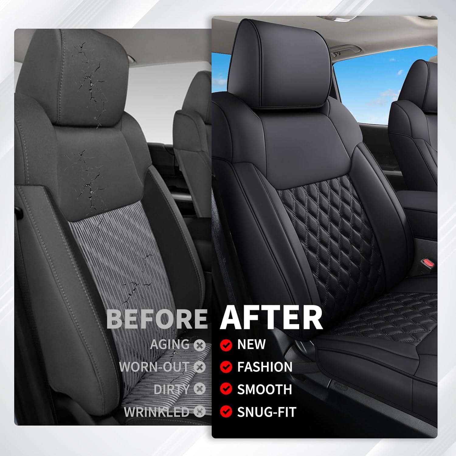 Huidasource Tacoma Seat Covers Full Set, Full Coverage Leather Truck Seat Cushion Cover Custom Fit for 2005-2015 Double & Crew Cab 2nd Gen Toyota Tacoma Base Prerunner SR5 Limited(Full Set/Black)