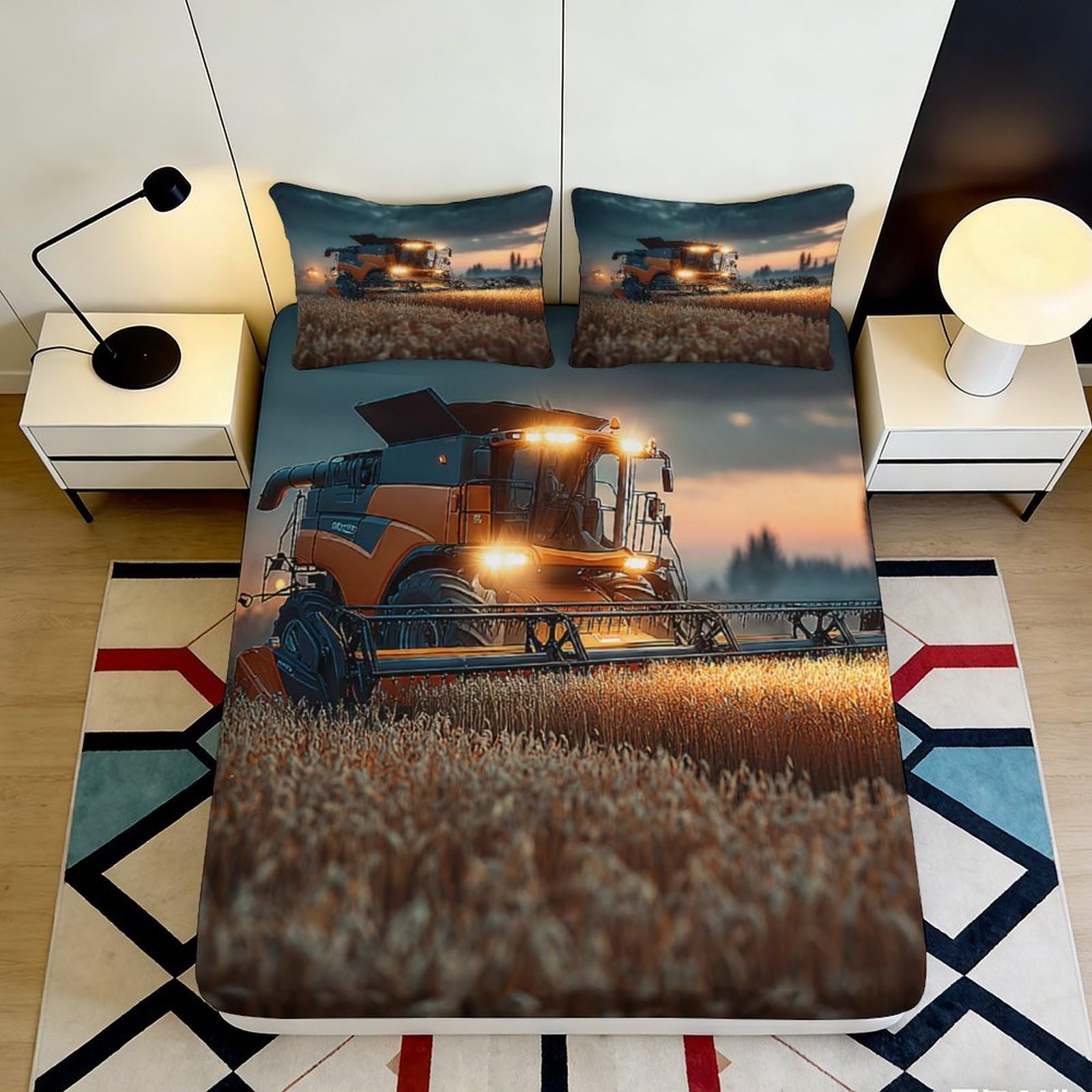 3D Printed Harvest Combine Fitted Sheet Microfiber Anti-Slip Wheat Field Bed Cover for Bedroom Dorm Decor Easy Care 90x200x25cm