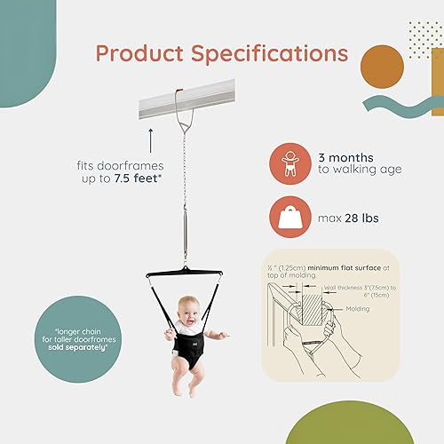Miniatura 4 de Jolly Jumper Icónico (Negro), Saltador de puerta para bebé, Silla de ejercicio para interiores, Altura ajustable, para bebés de hasta 28lbs, no se