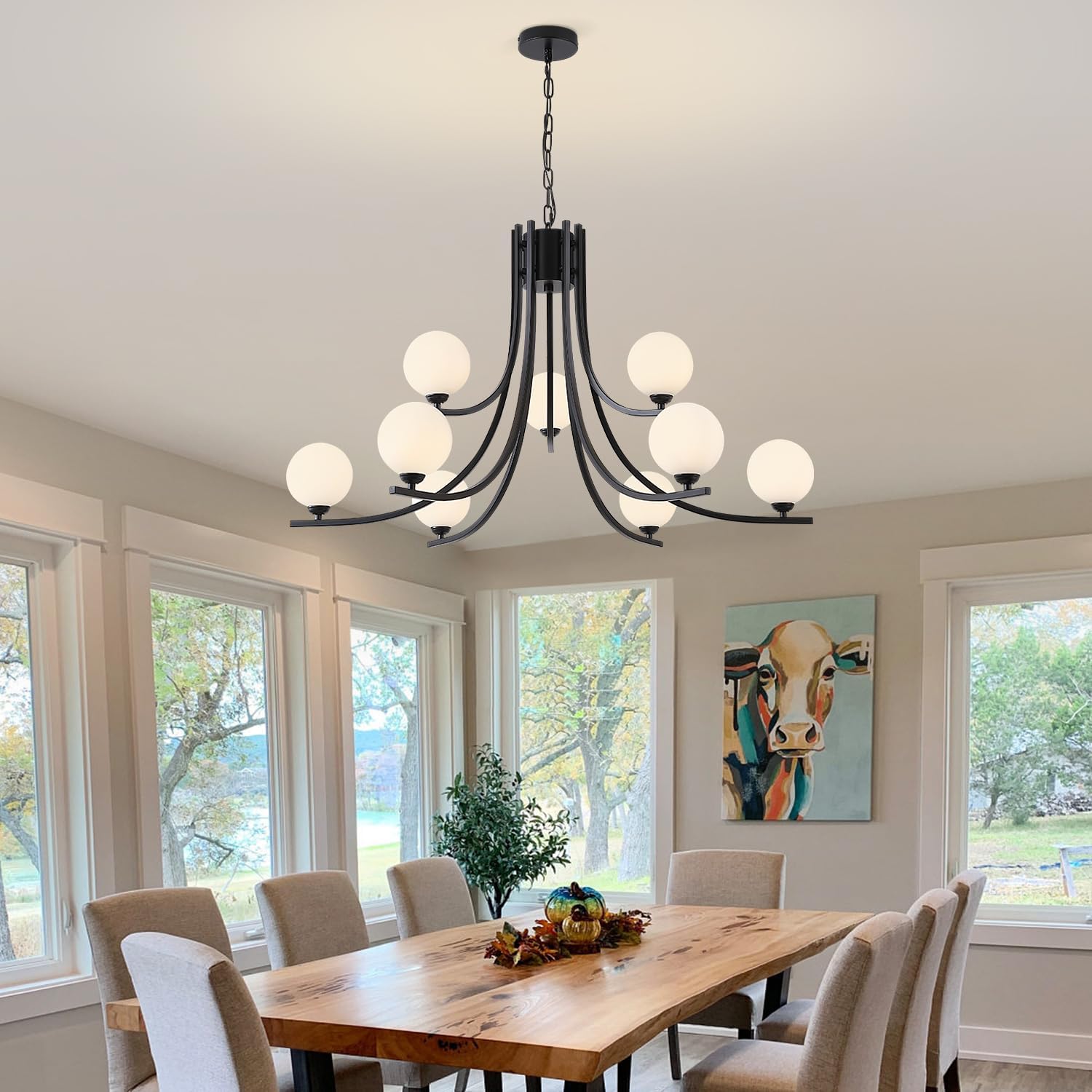 Black Farmhouse Chandelier Modern Sputnik Chandelier for Dining Room Mid Century Chandelier Dining Room Light Fixtures with Withe Glass Globe Shades for Foyer Living Room Kitchen Island