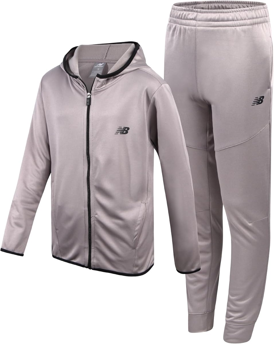 New Balance Boys 2 Piece Fleece Zip Up Hoodie & Jogger Track Pants 8-12 | Full Front Closure, Cozy Hood & Ribbed Cuffs, Adjustable Elastic Waist, Durable Pick for Gym Class or Weekends