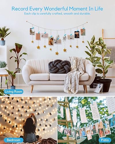 Miniatura 8 de Pinzas para ropa de color azul, 100 clips de fotos de papel de madera, pequeñas pinzas para fotos con cordel de yute, ideales para baby shower,