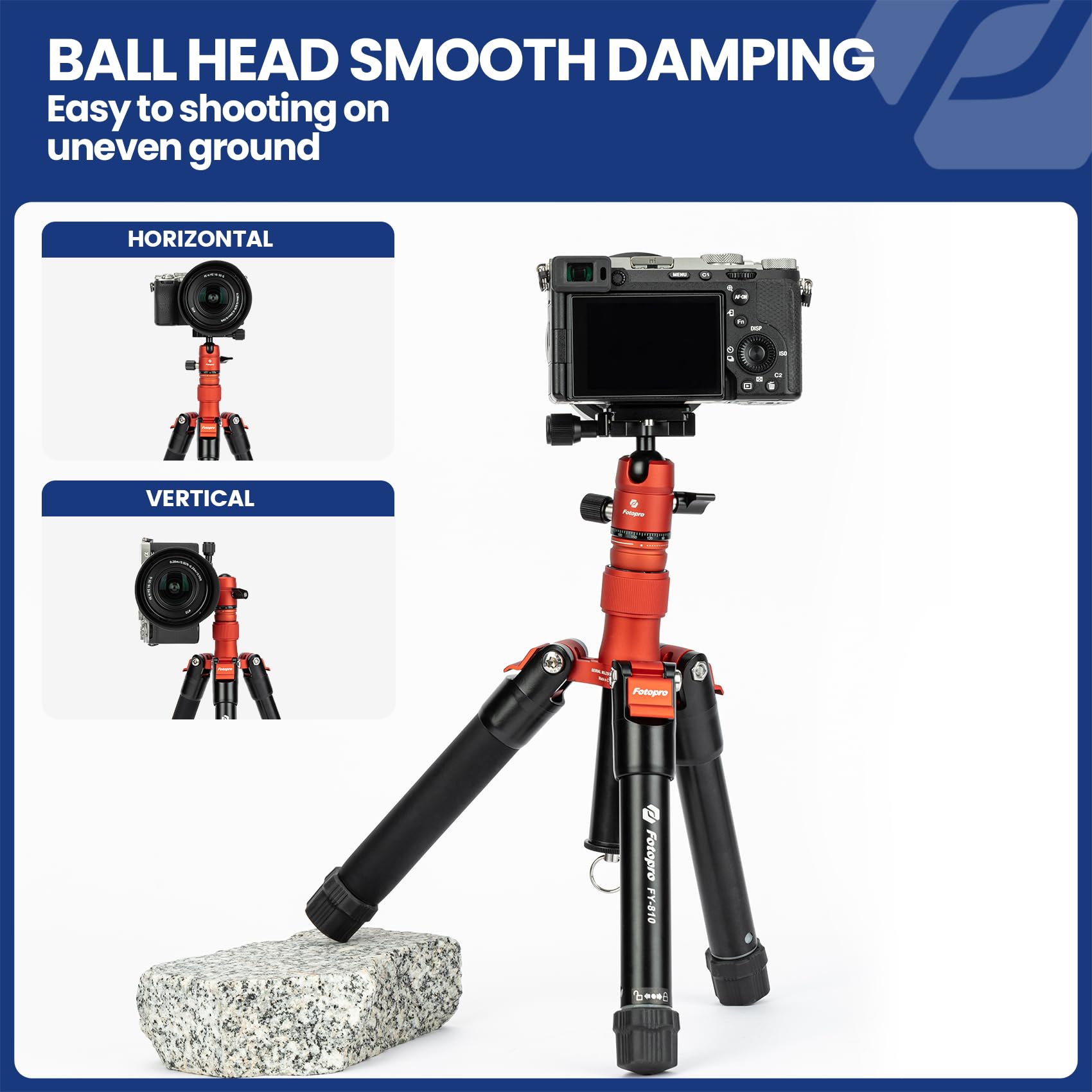 Fotopro Mini trípode con cabeza de bola, soporte para teléfono, palo selfie desmontable, plegado solo 8.6 pulgadas, carga máxima de hasta 6.6 libras, FY-810 naranja
