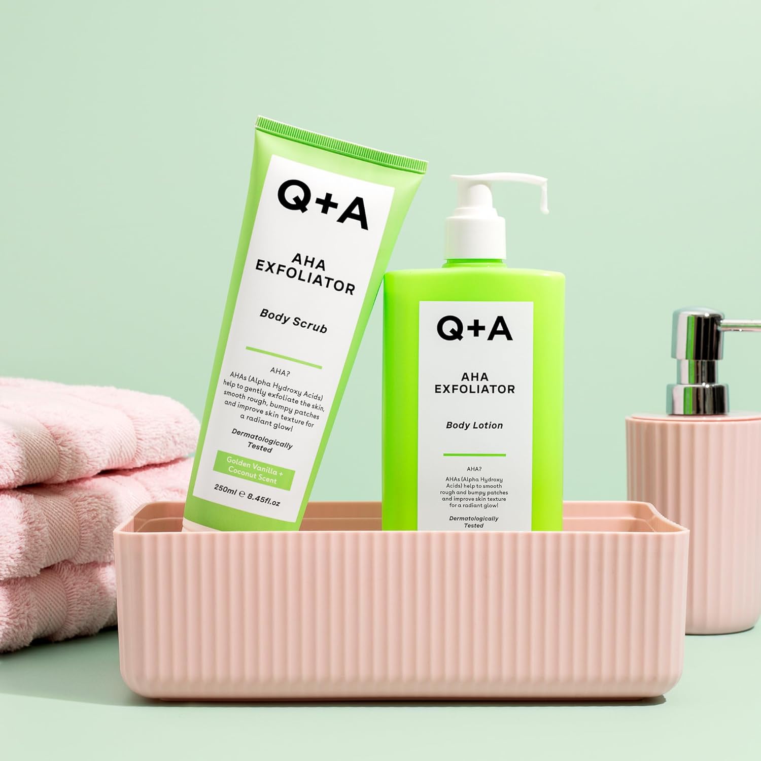 Q+A AHA Exfoliator Body Lotion (250ml), Exfoliating, Smoothing Body Moisturizer with Lactic Acid, Glycolic Acid and Fruit AHAs, Body Butter Alternative, Vegan Body Care