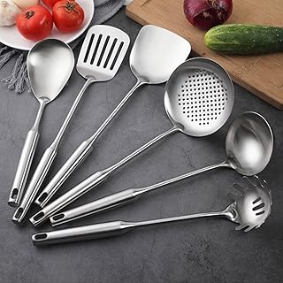 18/10 Stainless Steel Kitchen Utensils Set, 6 Pcs Professional All Metal Cooking Utensils Set 12-15 Inch, Wok Spatula, Ladle, Skimmer, Slotted Spatula Turner, Spaghetti Spoon, Large Spoon