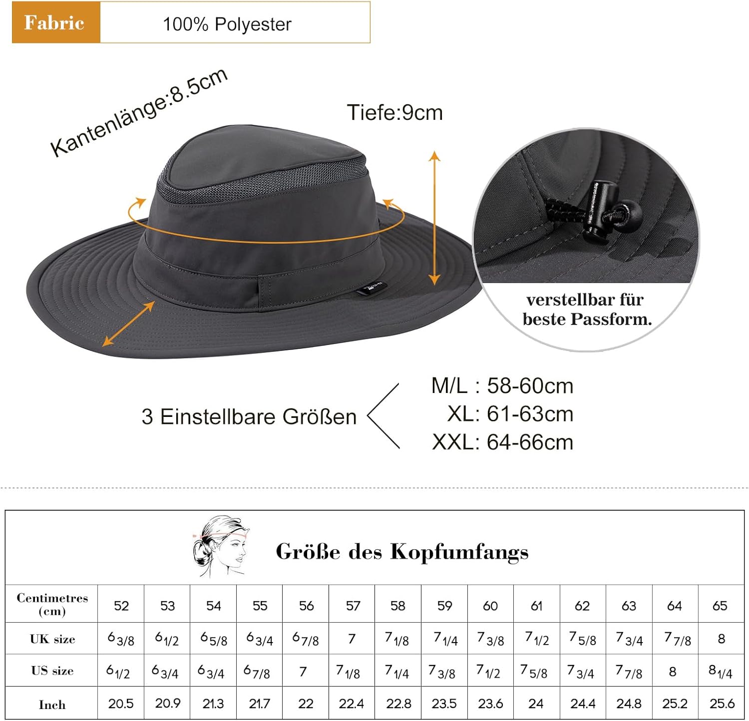 Hut Breiter Safarihoed, bush-hoed, zonnehoed, met uv-bescherming 30 , ademend, licht en opvouwbaar, met verstelbare kinband en geheime tas, beige, M