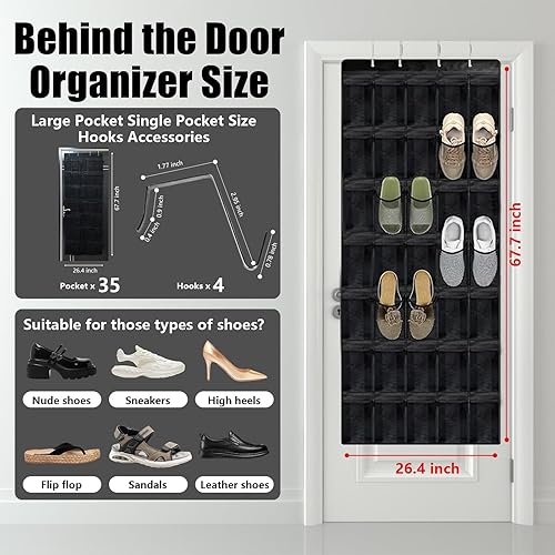 Miniatura 2 de Organizador de 35 compartimentos de malla transpirable para colgar sobre la puerta, organizador de zapatos grande para hombres y mujeres,