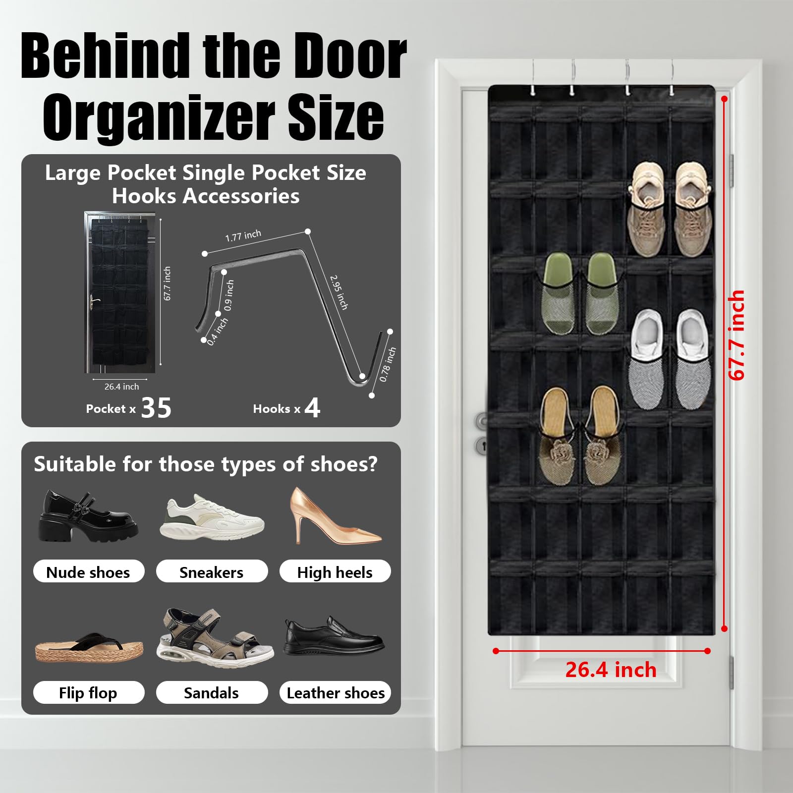 Organizador de zapatos de malla transpirable con 35 compartimentos para colgar sobre la puerta, organizador de zapatos grande para hombres y mujeres, organizador de zapatos colgante (negro)
