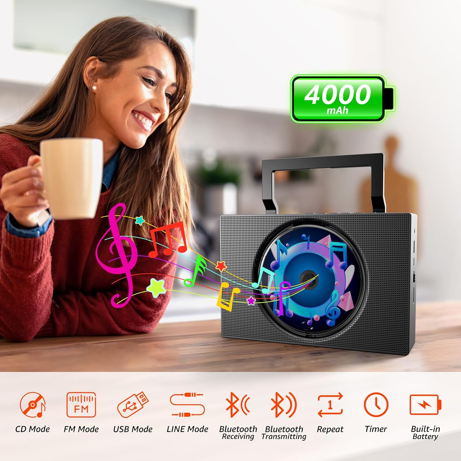 Portable CD Player Boombox with Bluetooth - Rechargeable CD Player with FM Radio, USB, AUX, Remote Control - Stereo Sound System with 4000mAh Battery - Supports CD/CD-R/CD-RW/MP3/WMA