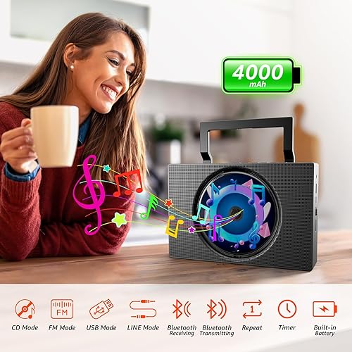 Miniatura 2 de Reproductor de CD portátil Boombox con Bluetooth - Reproductor de CD recargable con radio FM, USB, AUX, control remoto - Sistema de sonido estéreo