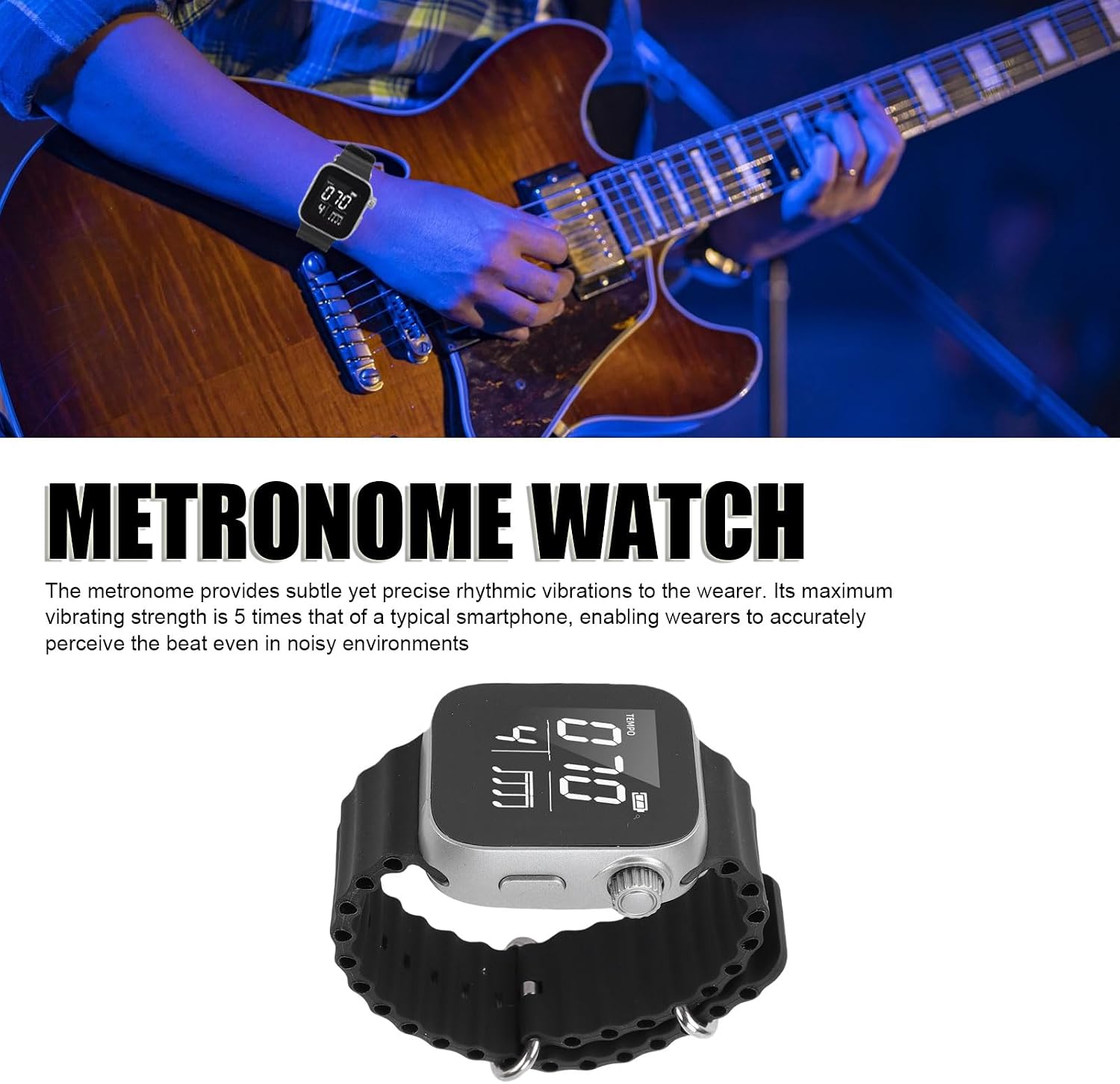 Person playing a guitar while wearing the Jectse Vibrating Metronome Watch.