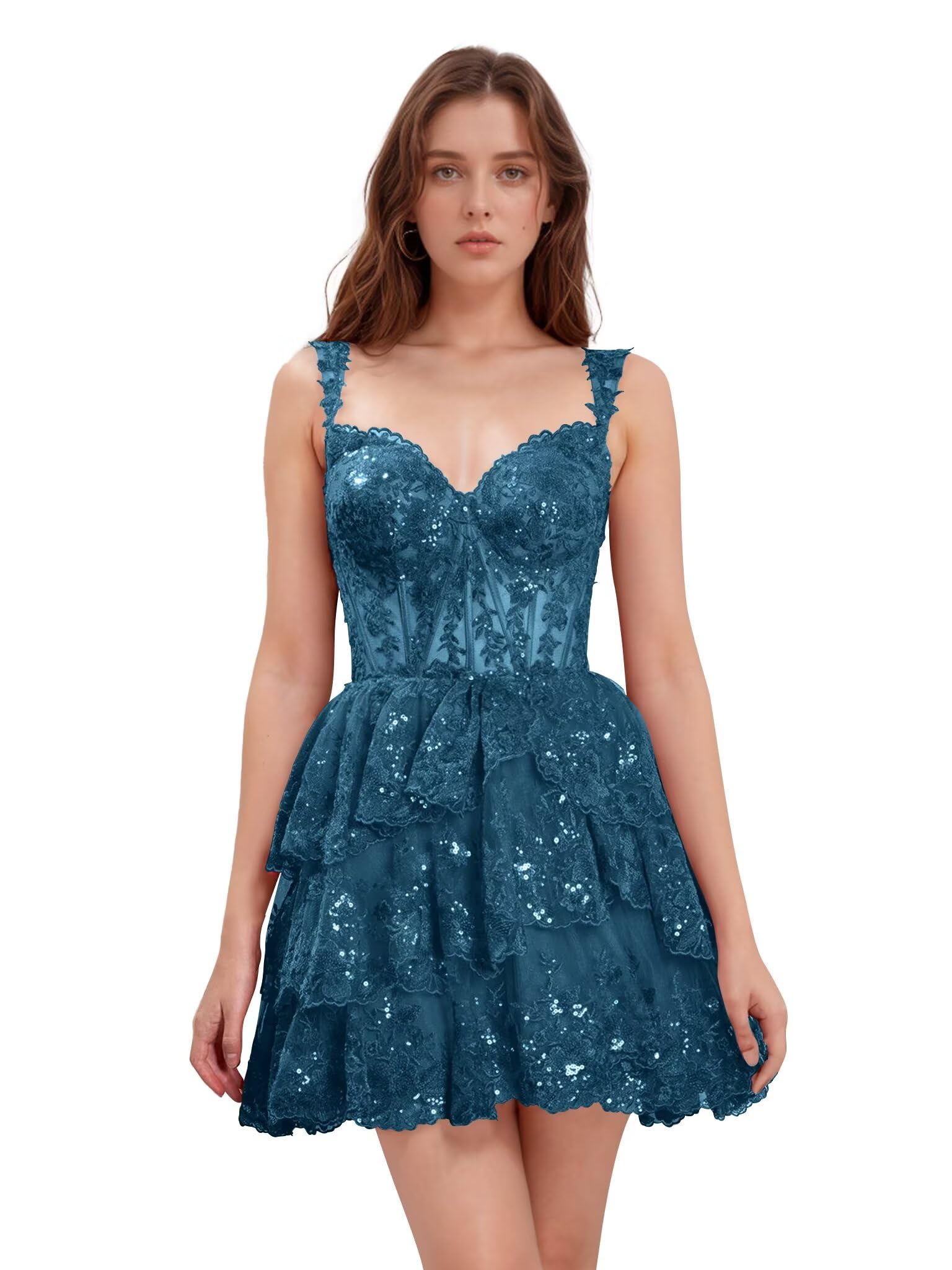 Off Shoulder Lace Homecoming Dresses for Teens Short Prom Dress Sparkly Tulle Tiered Formal Party Gowns