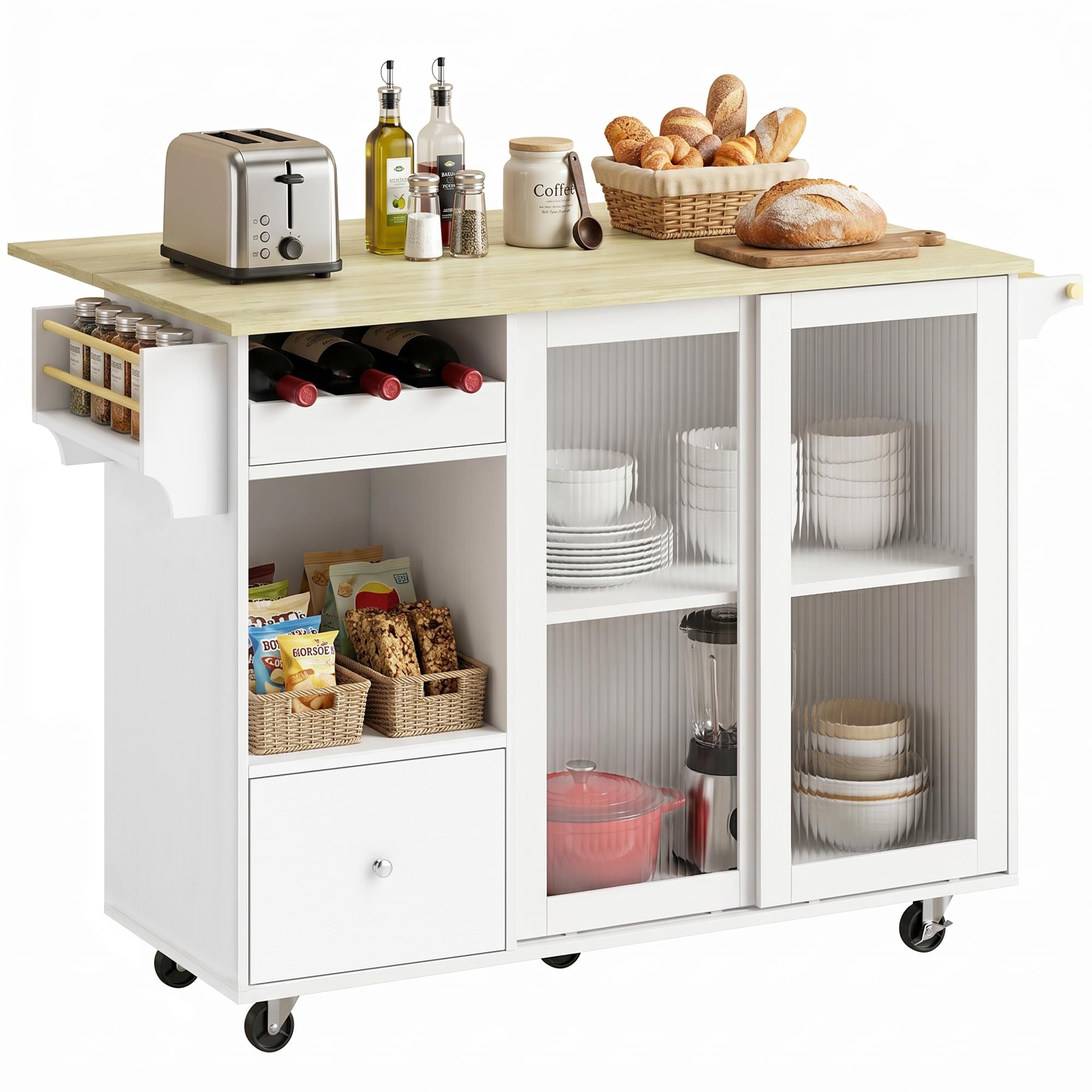 HOMCOM Isla de Cocina con Encimera Abatible, Botellero, Blanco y Roble | Carrito de Cocina, Puertas Correderas de Vidrio, Ruedas, Cajón, Especiero y Estante Ajustable