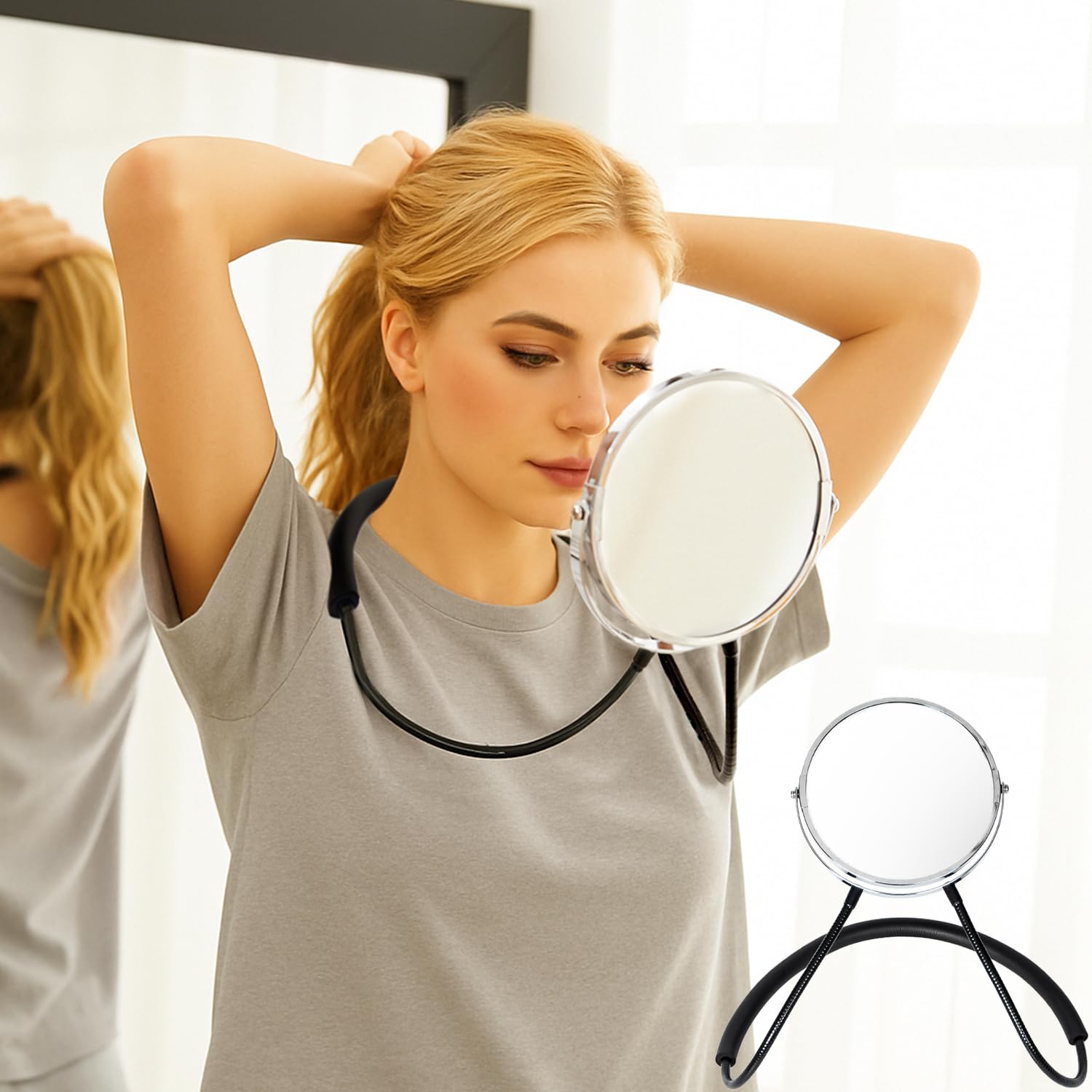Photo 1 of Double Sided Mirror to See Back of Head Self Haircut Mirror 360 Rotating, 6.7" Standard and 5X Magnification, Self Cut Hands Free, Adjustable Neck Strap for Hair Cutting Braiding Makeup Travel
