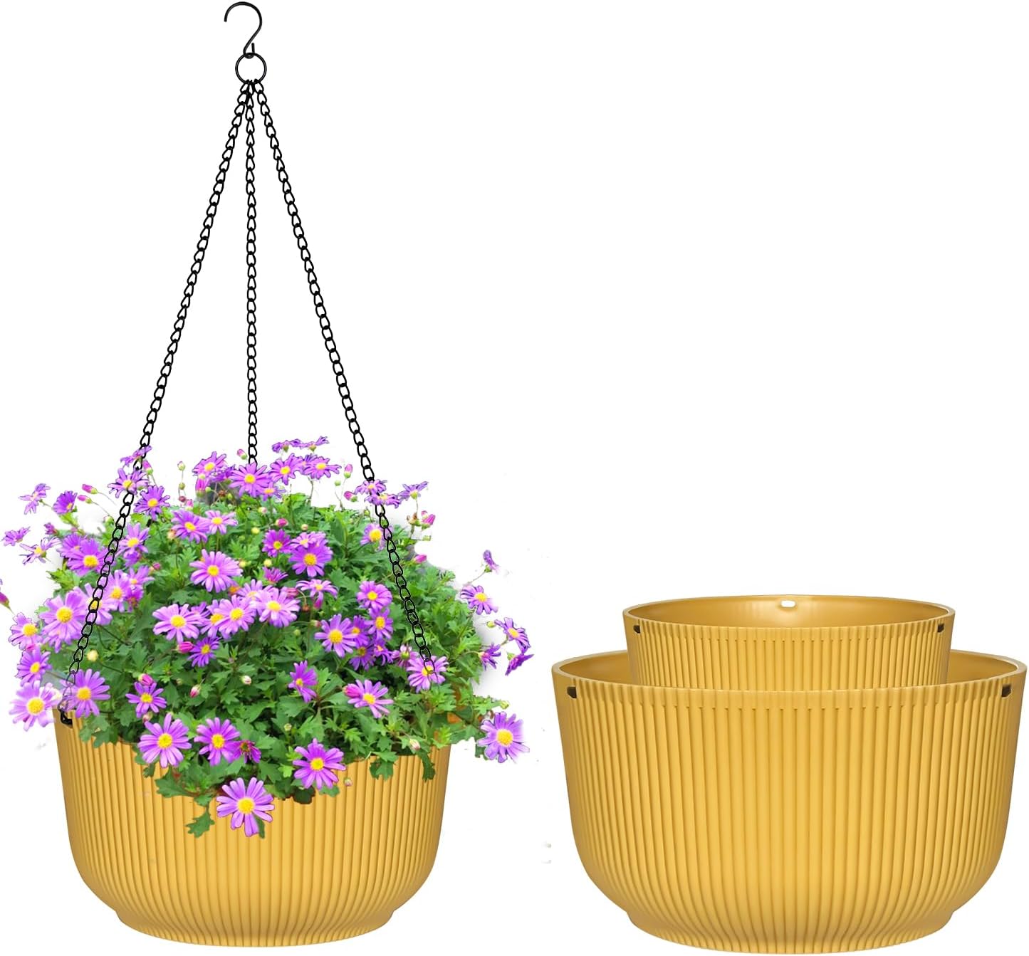 RooTrimmer Hanging Planters 9/10/11 Inch for Indoor Plants, 3 Pack Plant Hanger Outdoor with Drainage Holes, Self Watering Hanging Basket Flower Pot for Garden Home Decor, Yellow