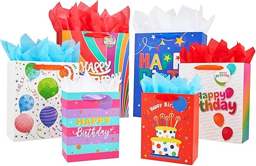 Bobobag Paquete de 12 bolsas de regalo de cumpleaños con asa y papel de seda, varios tamaños y diseños para niños, niñas, niños (4 grandes de 16