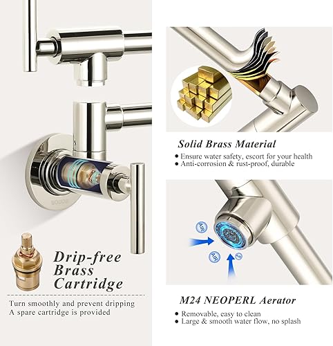 Miniatura 5 de WOWOW Grifo de llenado de ollas de níquel pulido, grifo de estufa comercial de montaje en pared, grifo plegable de latón para colocar sobre la