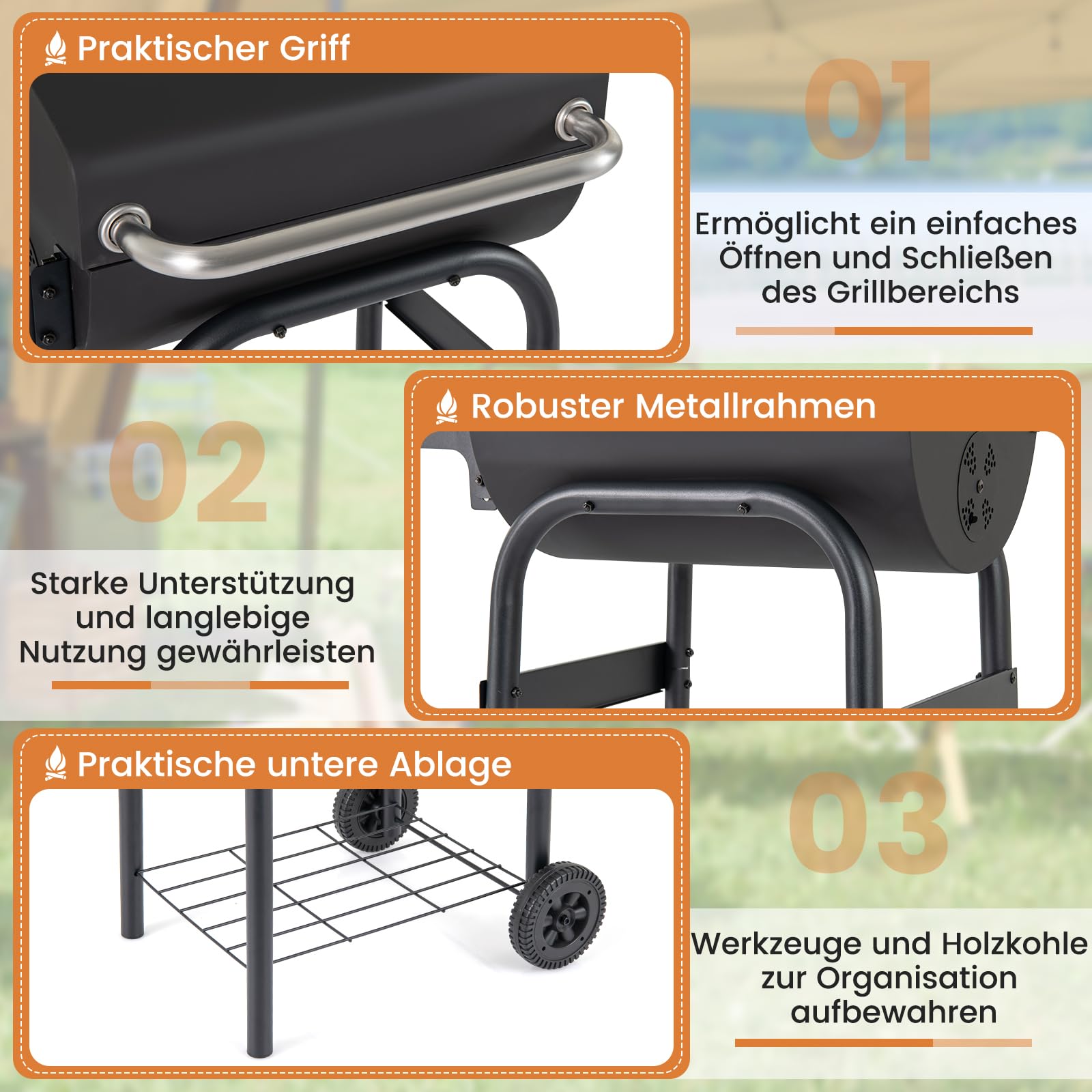 COSTWAY Grill na węgiel drzewny, wózek grillowy ze składanym stolikiem bocznym, termostatem, pokrywką, półką do przechowywania, uchwytem i 2 kółkami, do ogrodu, na imprezę, kemping, 84,5 x 49 x 110,5