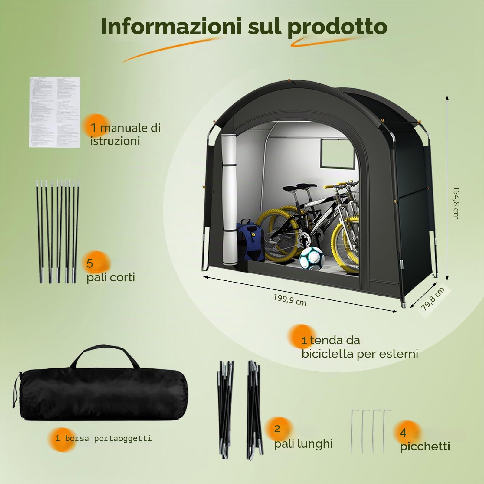 Tenda da campeggio per 2 – 3 biciclette, garage portatile per biciclette 200 x 80 x 165 cm, con tessuto Oxford 420D PU4000, resistente all'acqua, portatile, campeggio, tenda ausiliaria per bicicletta