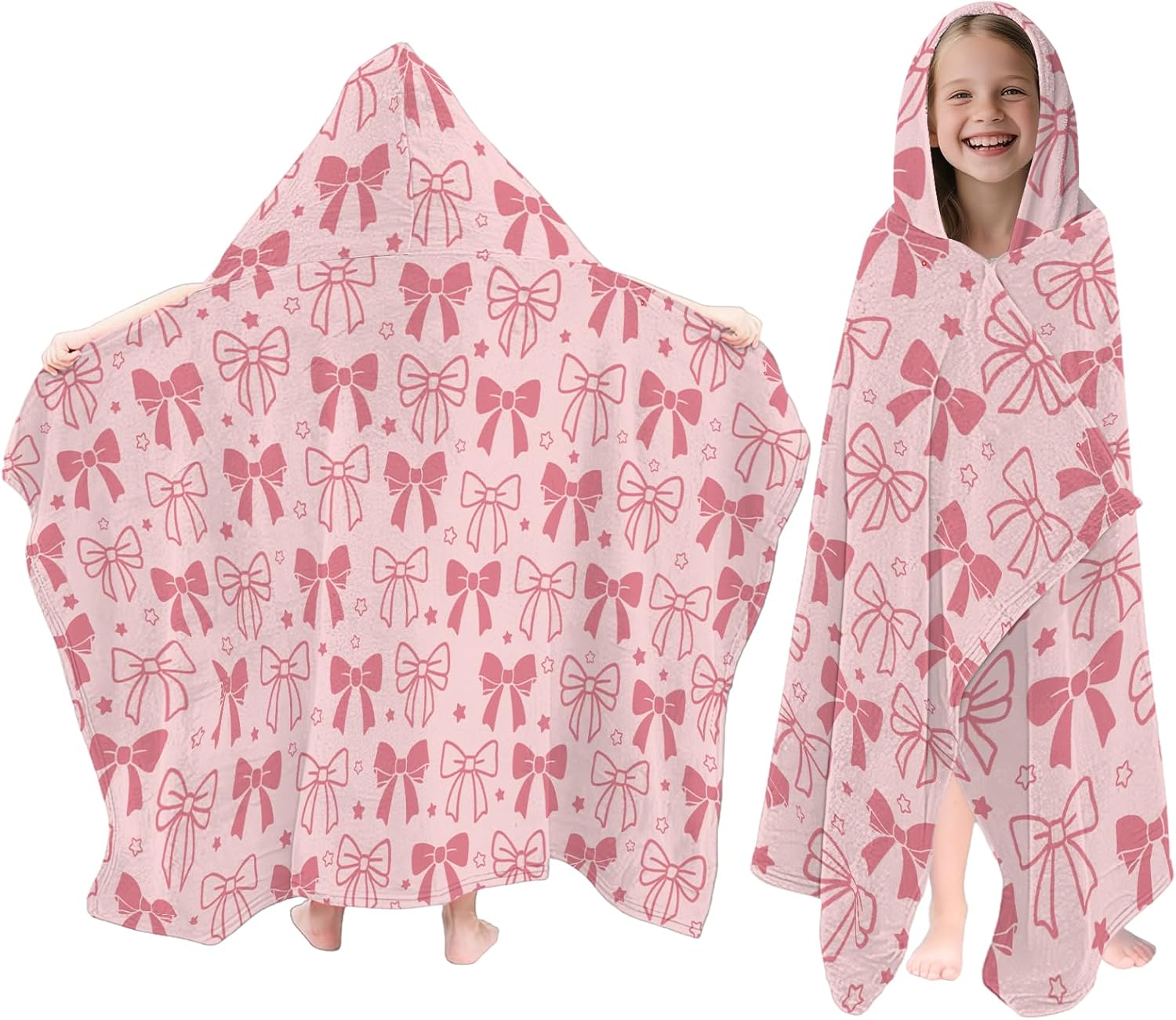 Bows Hooded Bath Towels for Kids, Quick Dry Lightweight Hooded Towel 30" x 50", Pink Bow Bath Towels for Beach, Pool, Travel, Toddlers, Teens and Kids Towel
